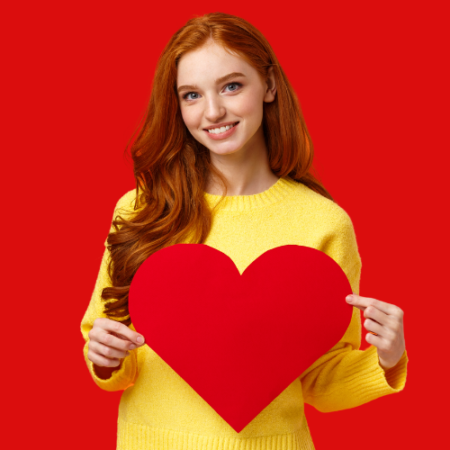 Happy Customer Positive Reviews Revu My Biz Girl with Red Heart in Front of her.